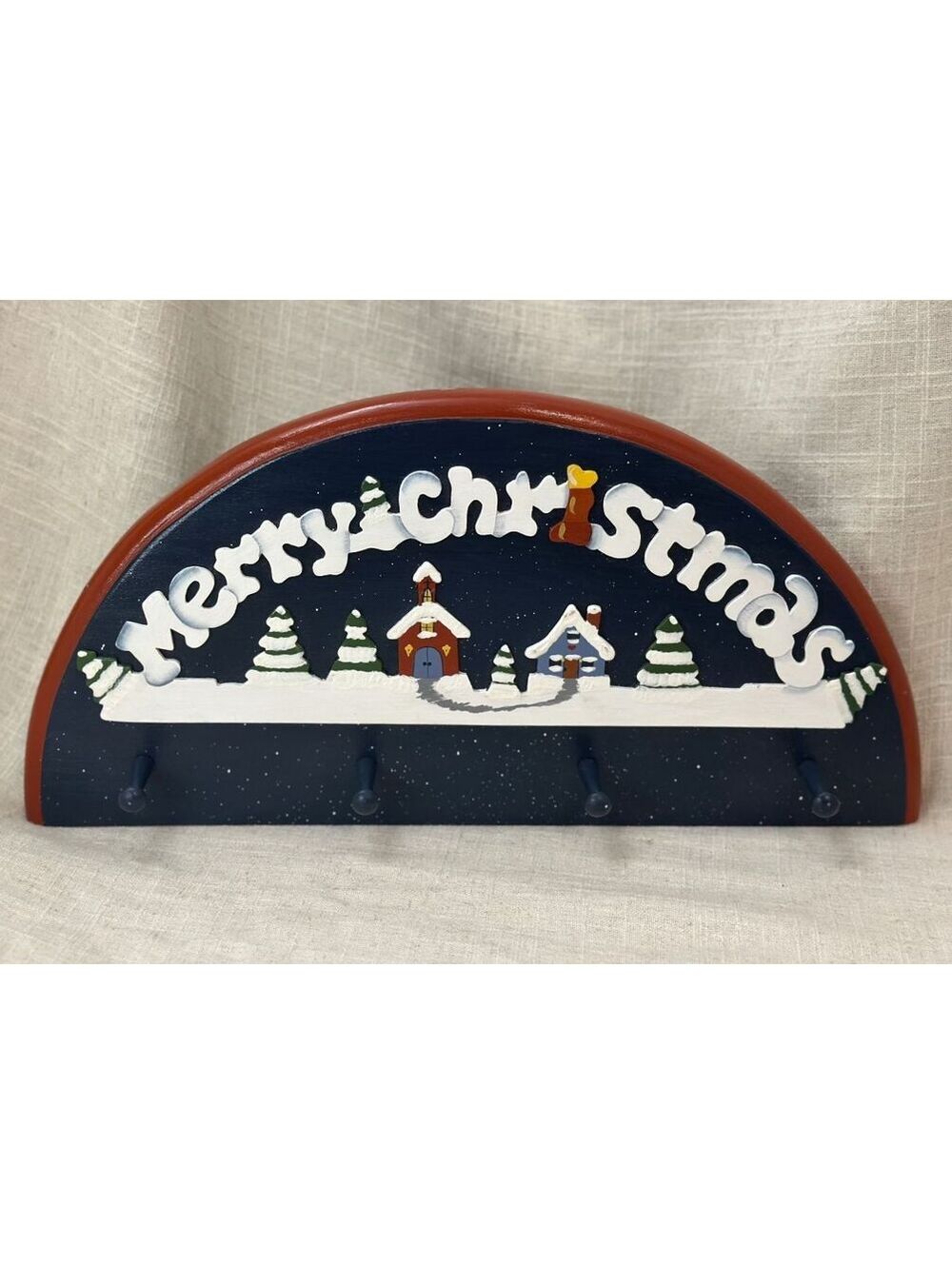 Merry Christmas 8"x16" Wooden 4 Peg Coat Hat Wall Rack Village Tree Snow Candle